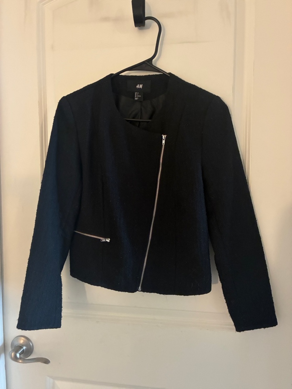 H&M Black Textured Asymmetrical Zip Blazer